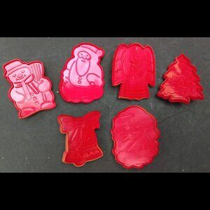 Vintage Red Plastic Christmas Xmas Holiday Cookie Cutters, Hong Kong, Set of 6